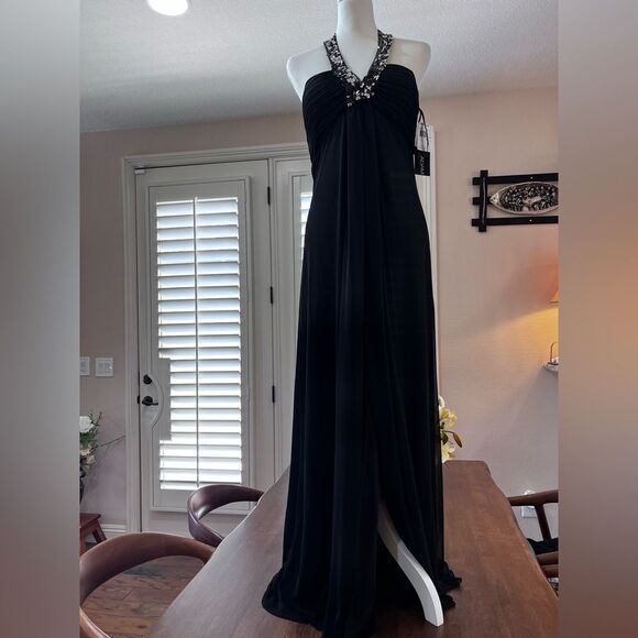 Elegant Black Sequin Halter Chiffon Gown Maxi Formal Mermaid Sz10 NWT Betsy Adam - Picture 3 of 15